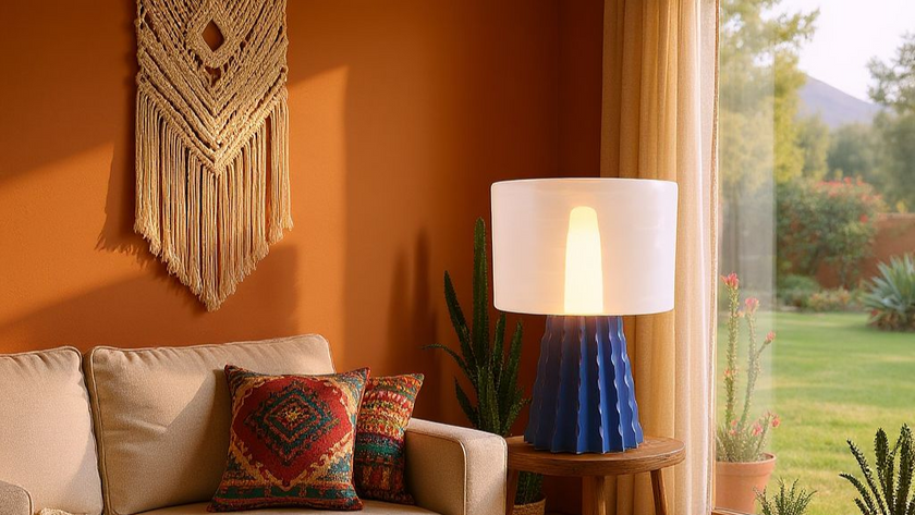Éclosion – Lampe sculpturale en PLA mat sur une table dans un salon accueillant avec des plantes.